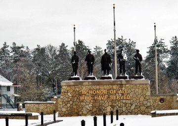 April snow at Fort McCoy's Veterans Memorial Plaza