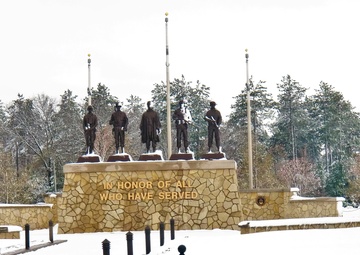 April snow at Fort McCoy's Veterans Memorial Plaza