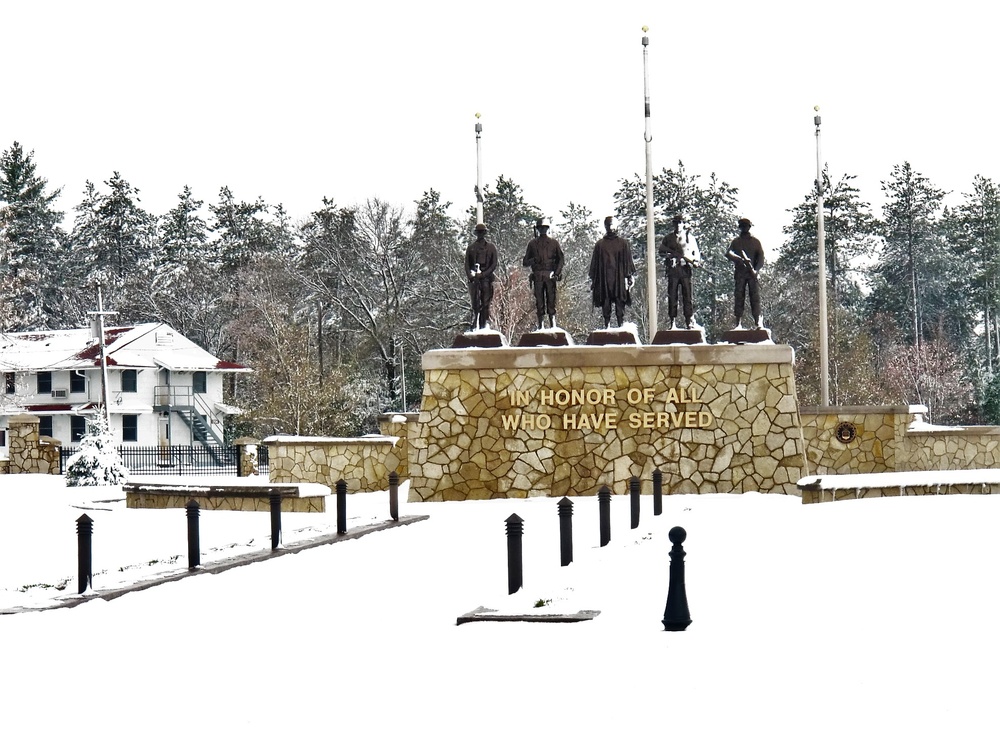 April snow at Fort McCoy's Veterans Memorial Plaza