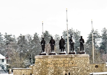 April snow at Fort McCoy's Veterans Memorial Plaza