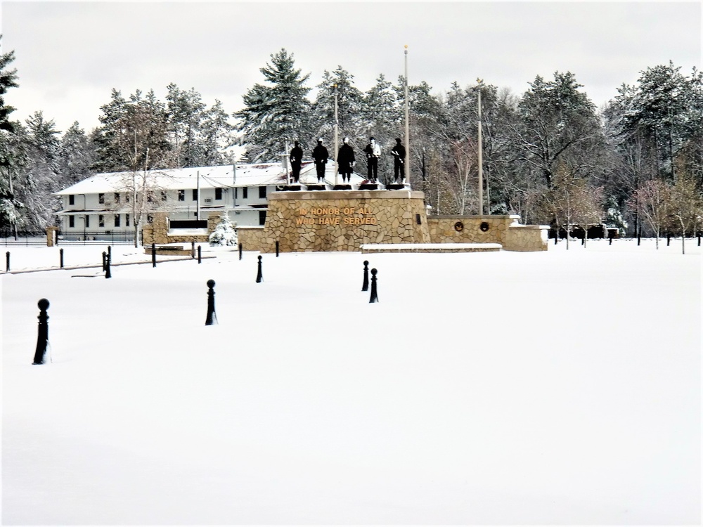 April snow at Fort McCoy's Veterans Memorial Plaza