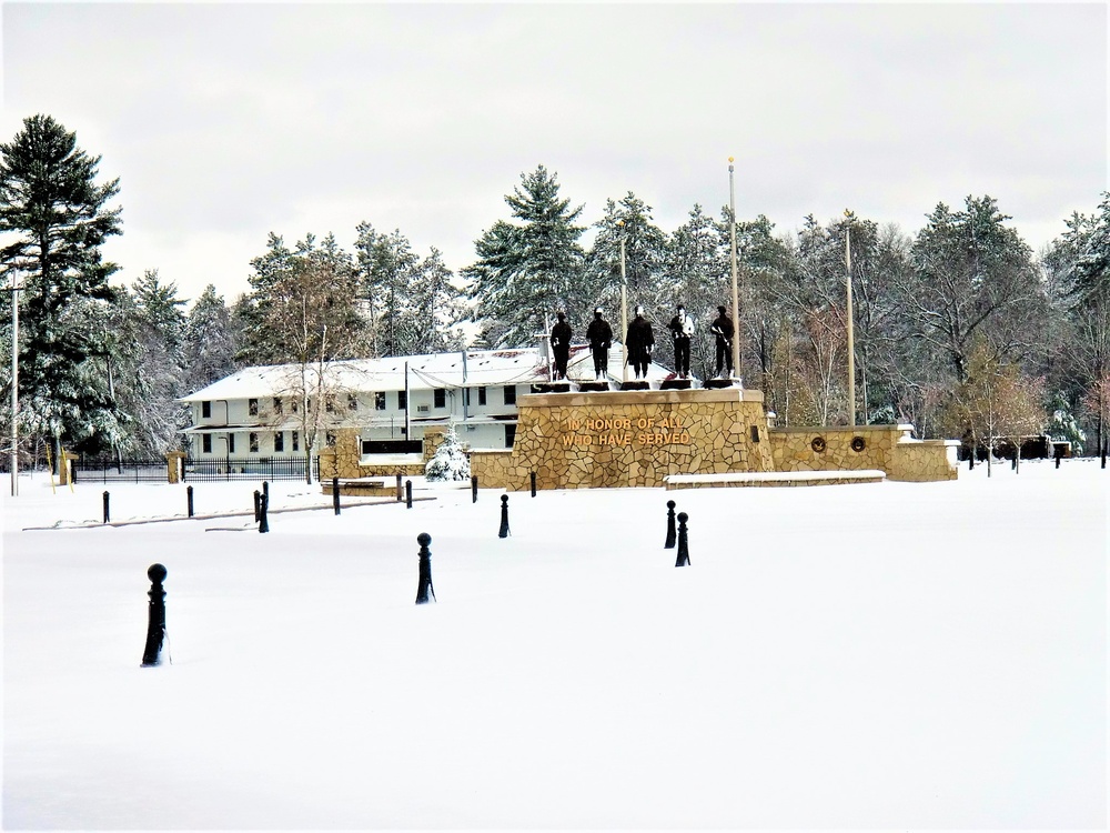 April snow at Fort McCoy's Veterans Memorial Plaza