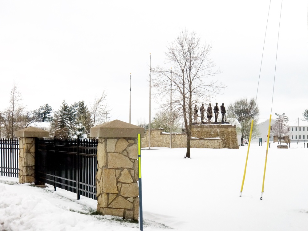 April snow at Fort McCoy's Veterans Memorial Plaza