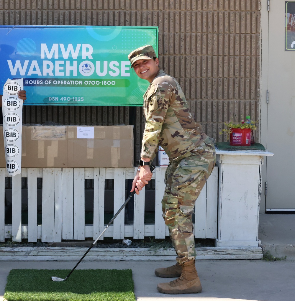 Soldier donates golf gear to Arifjan MWR, Kuwait, April, 2023