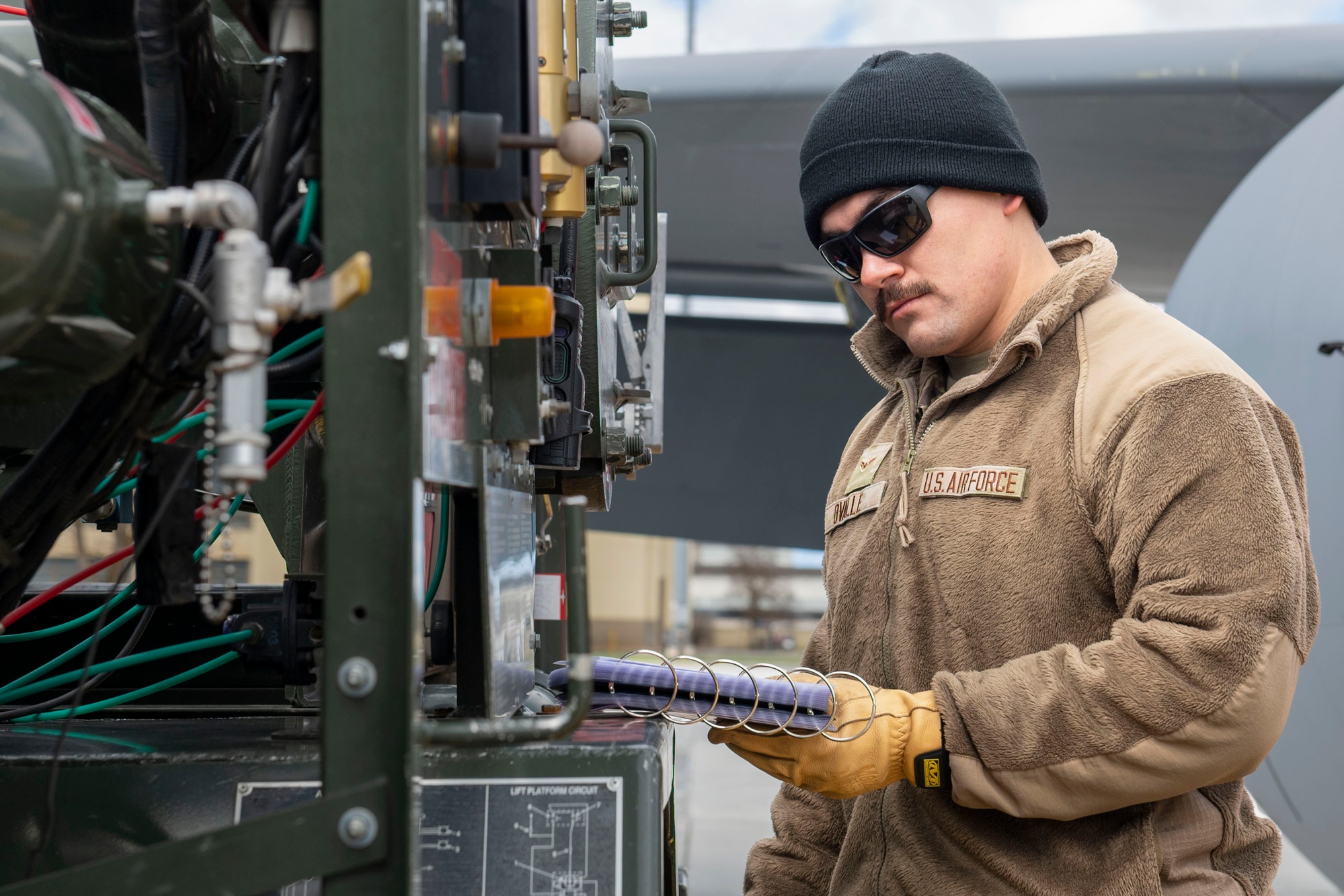 U.S. Air Force Airman 1st Class Declan Ovalle, 92nd Logistic Readiness Squadron fuels handler, refuels a KC-135 Stratotanker during exercise Global Thunder 23 at Fairchild Air Force Base, Washington, April 11, 2023. Team Fairchild Airmen are on watch 24 hours a day, seven days a week, conducting operations to deter and detect strategic attacks against the United States and our allies. (U.S. Air Force photo by Airman 1st Class Morgan Dailey)