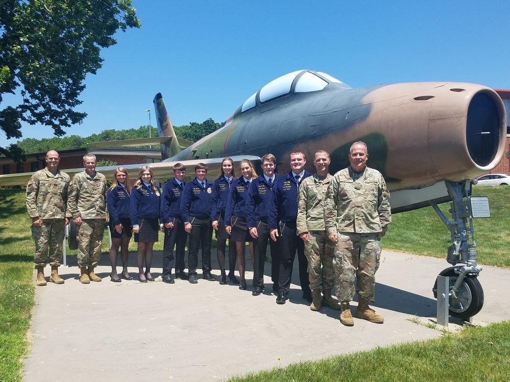 Iowa FFA Association State Officers with static F-34 Thunderstrike