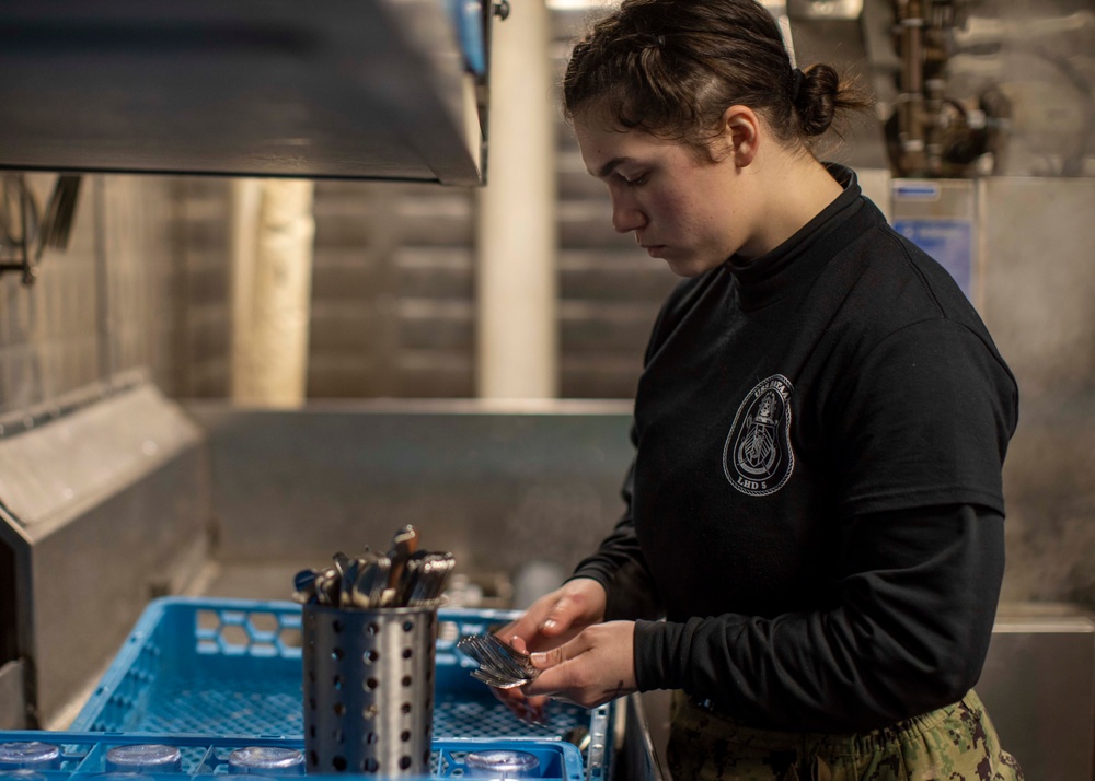 USS BATAAN Sailor cleans