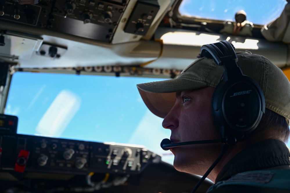 KC-135 Stratotanker refuels F-15E Strike Eagles