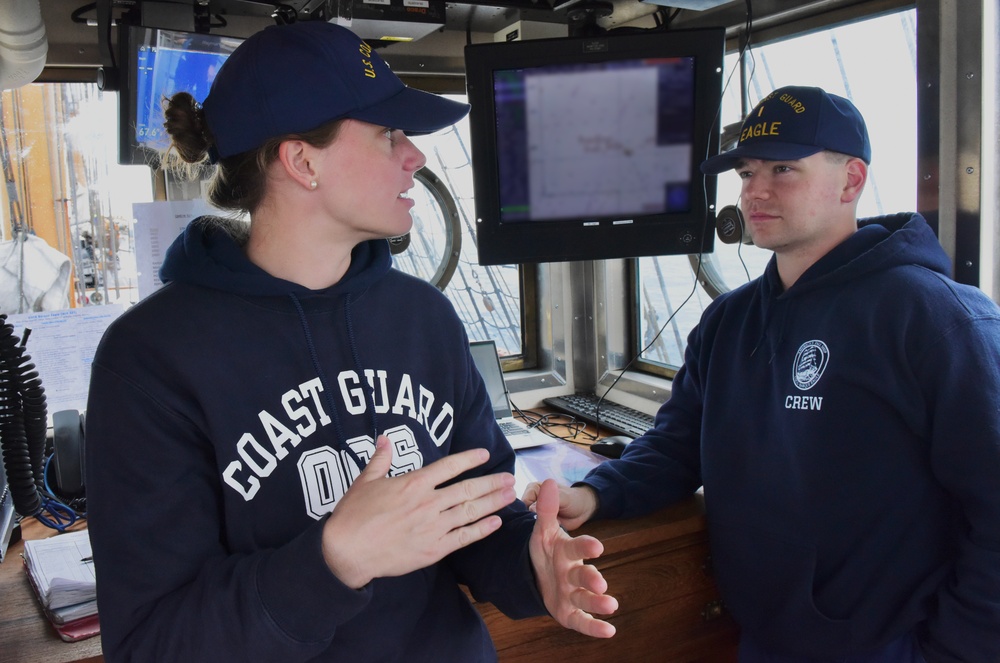 Coast Guard and National Oceanic and Atmospheric Administration officer candidates, foreign military partner members learn seamanship skills aboard USCGC Eagle