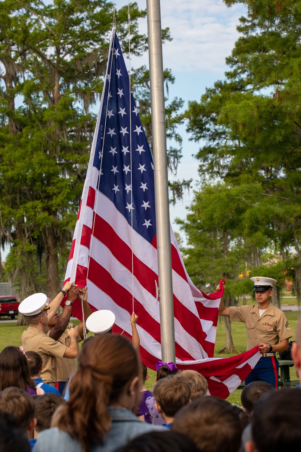 MARFORRES Marines Unfurl American Flag at Local Elementary School