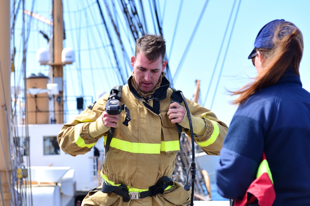 Coast Guard, National Oceanic and Atmospheric Administration officer candidates and embarked foreign military personnel receive firefighting training aboard USCGC Eagle while underway in the Atlantic Ocean