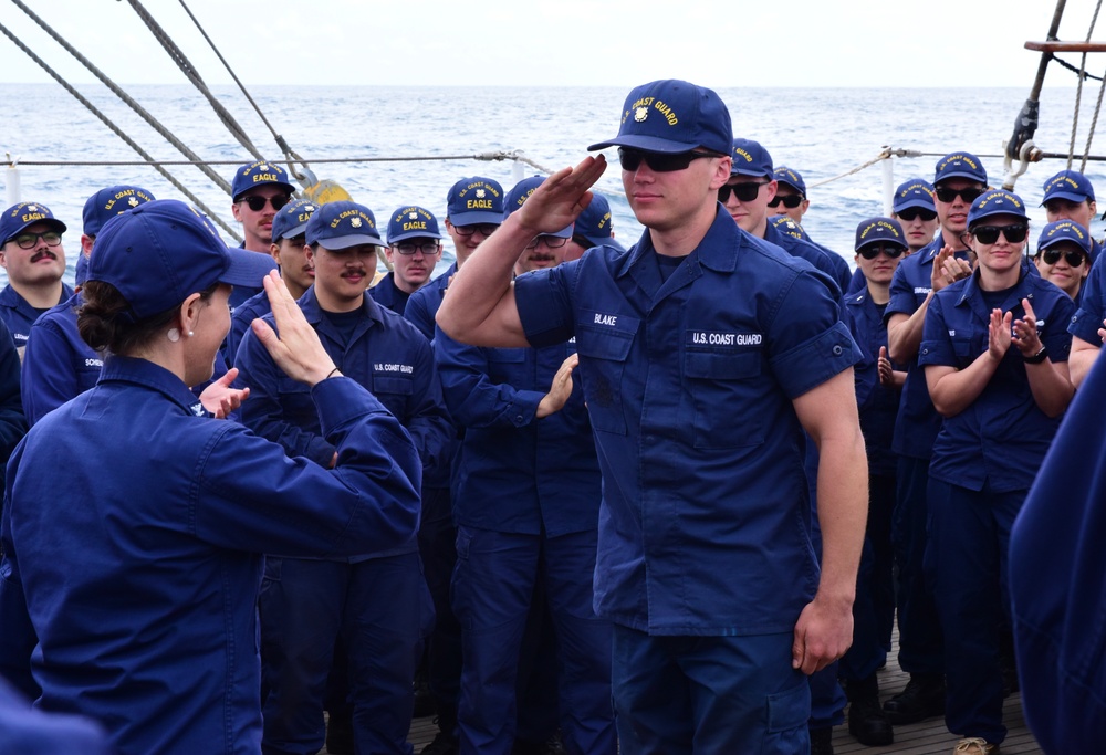 USCGC Eagle personnel recognized for advancing their qualifications while underway in the Atlantic Ocean