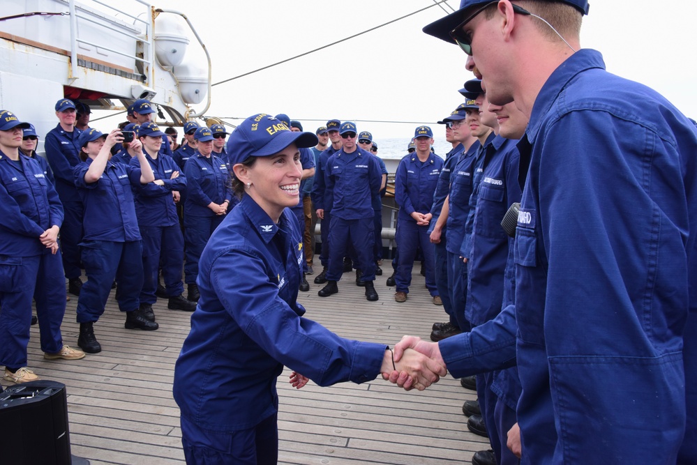 USCGC Eagle personnel recognized during quarters while underway in the Atlantic Ocean