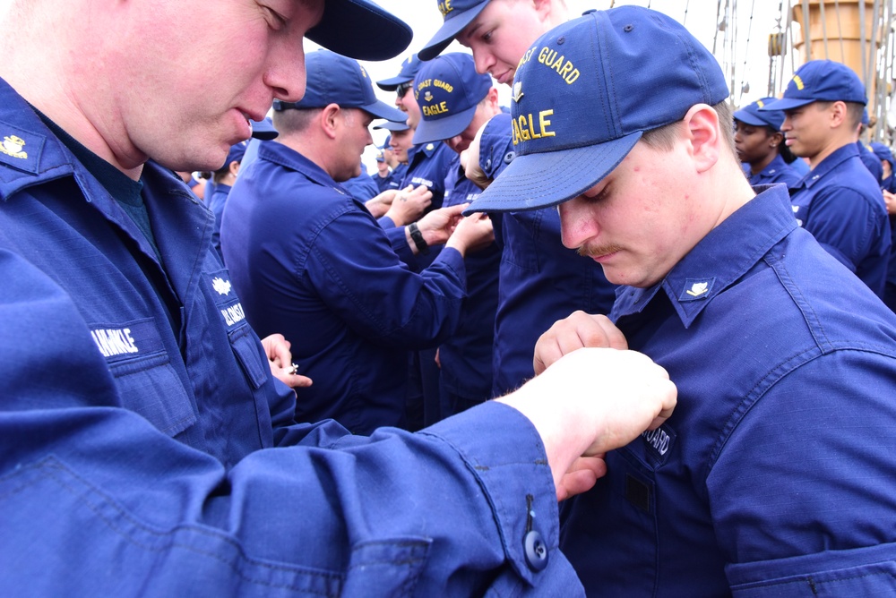 USCGC Eagle personnel recognized for advancing their qualifications while underway in the Atlantic Ocean