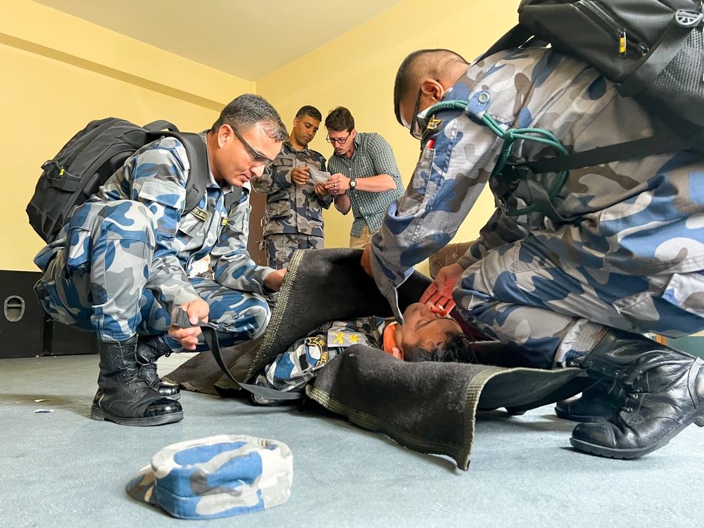 Nepal Armed Police Force (APF) members take part in Medical First Responder training at the APF Disaster Management Training School