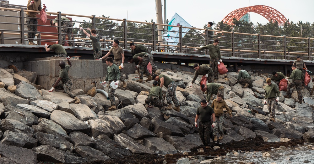 US Marines, Republic of Korea Marines and Sailors, and local community volunteers help clean the earth