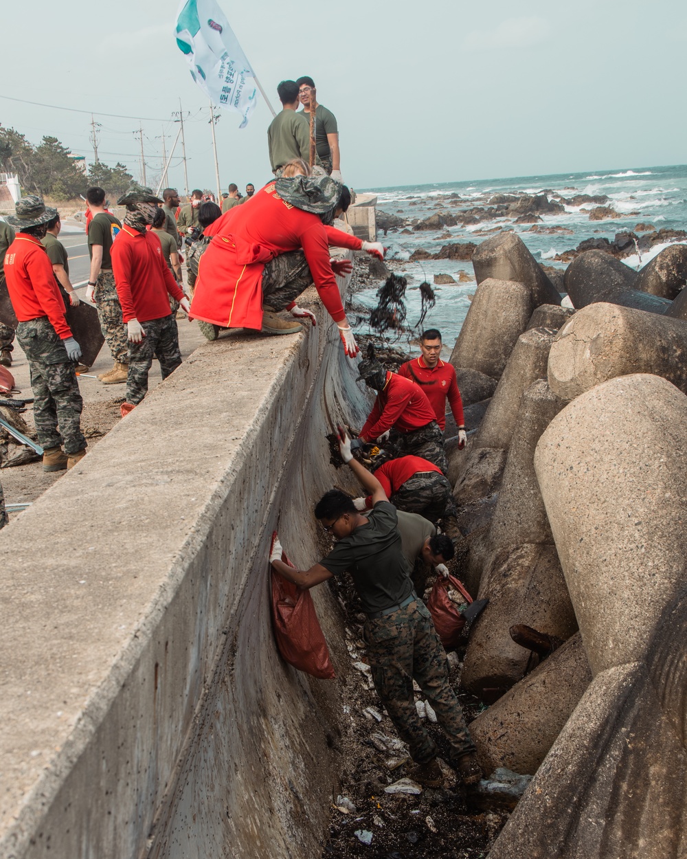 US Marines, Republic of Korea Marines and Sailors, and local community volunteers help clean the earth