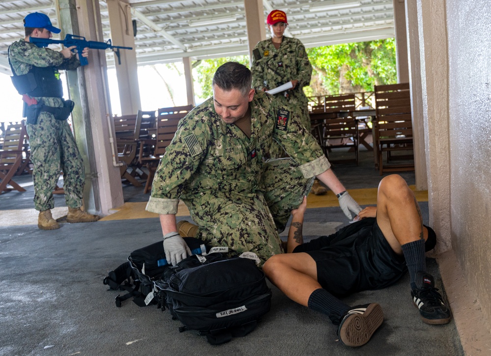 Sailors participate in an active shooter drill