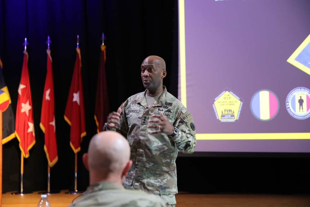 Lt. Gen. Xavier Brunson, I Corps Commander, presents as the Keynote Speaker on Day 2 of the Holistic Health and Fitness Symposium
