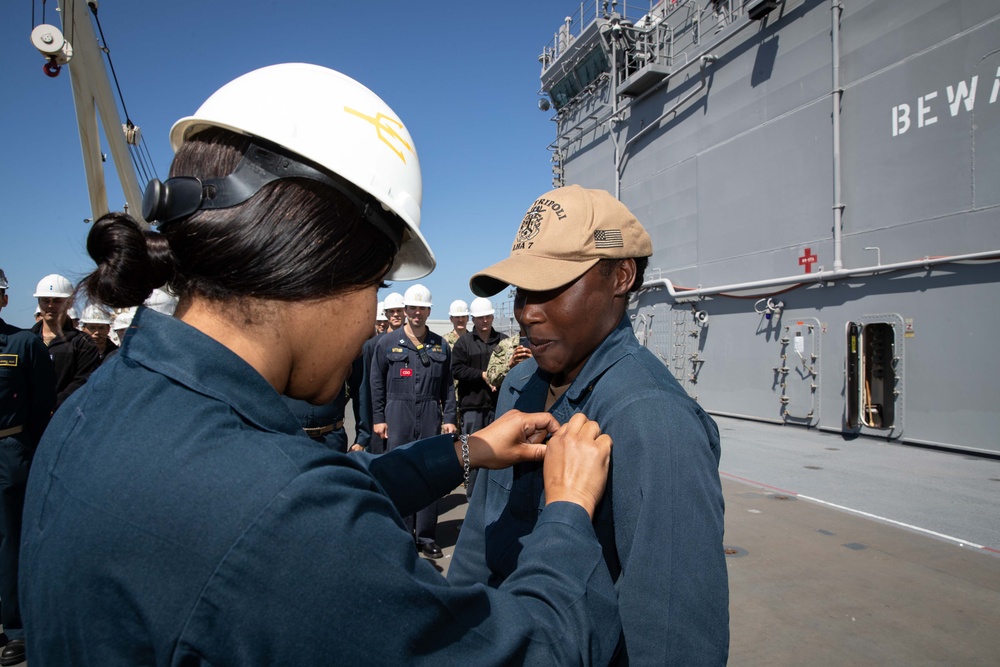 USS Tripoli Pins Two New Surface Warfare Officers