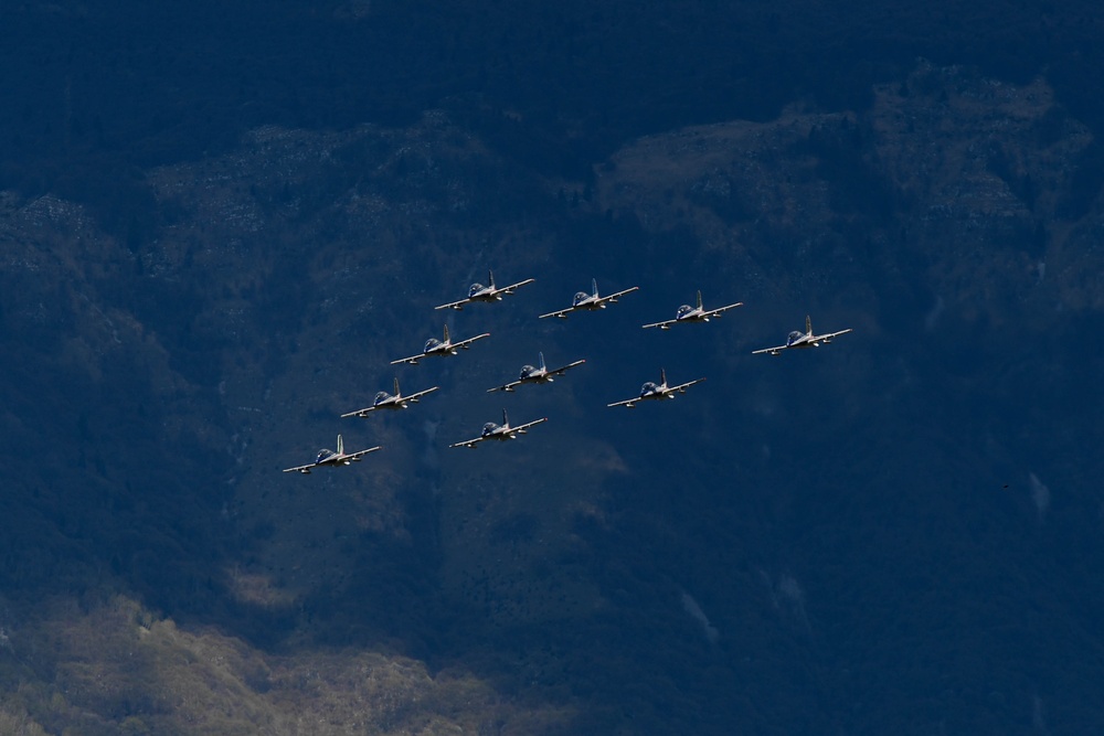 Italy’s Frecce Tricolori aerobatic team fly the skies of Aviano