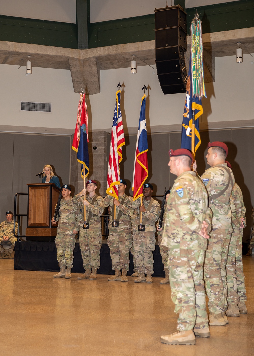 Texas Guardsmen from 56th IBCT, 1-143rd Airborne case colors to mobilize