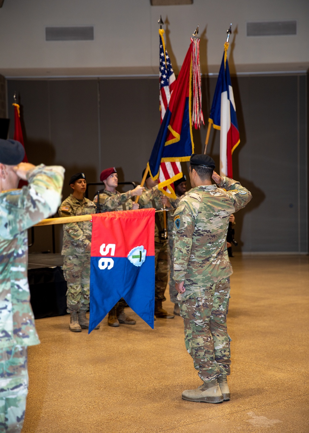 Texas Guardsmen from 56th IBCT, 1-143rd Airborne case colors to mobilize