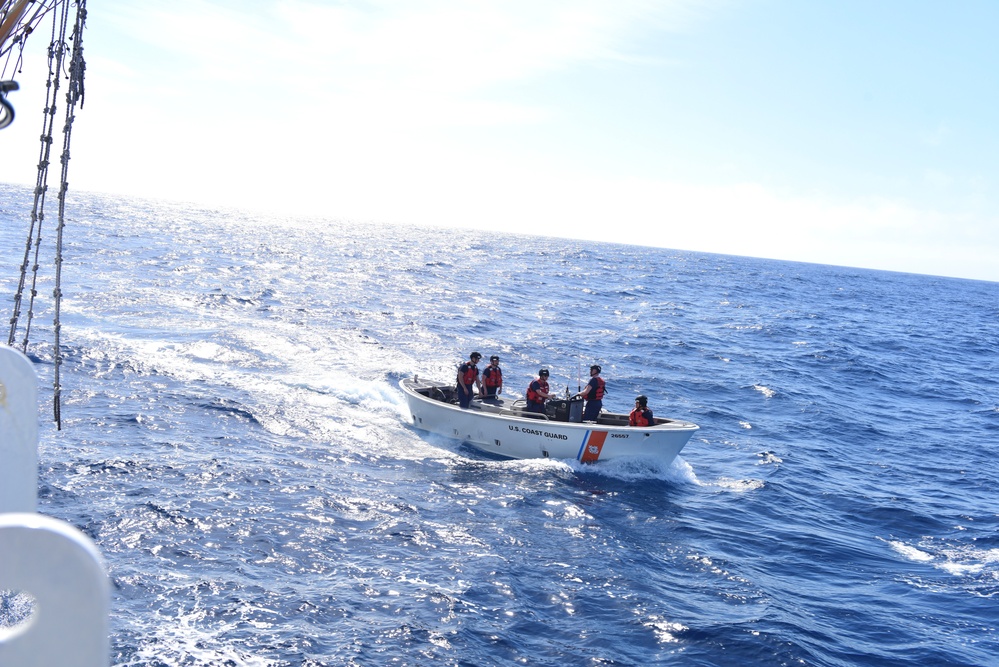 USCGC Eagle crew members conduct small boat drill and emergency training