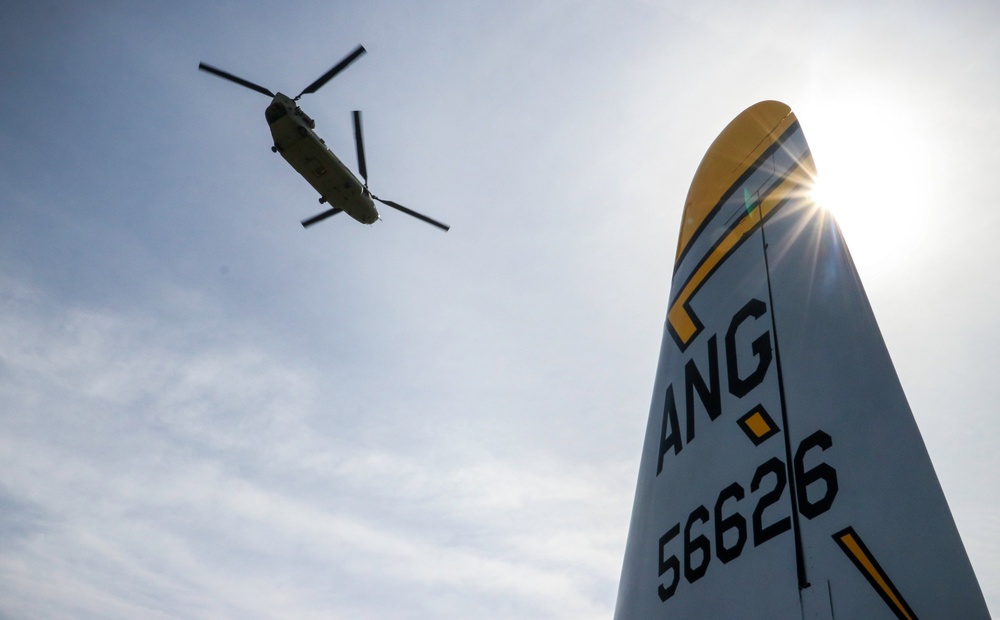 Iowa Chinook crew sling loads F-80 Shooting Star