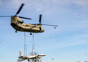 Iowa Chinook crew sling loads F-80 Shooting Star