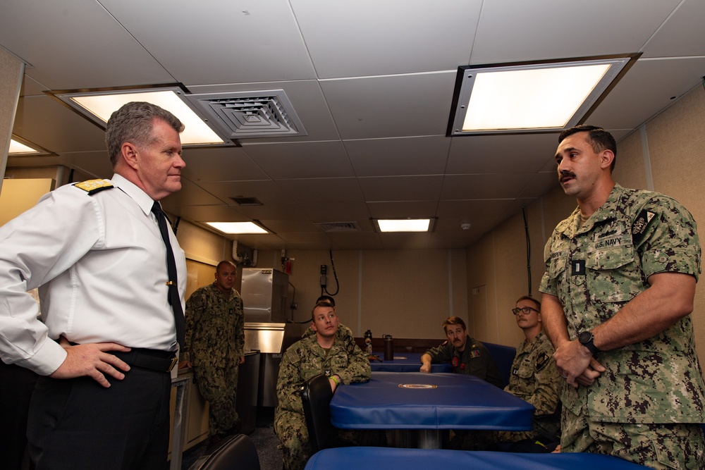 U.S Pacific Fleet Commander Adm. Samuel Paparo speaks with USS Mobile (LCS 26) Sailors during IMDEX 2023