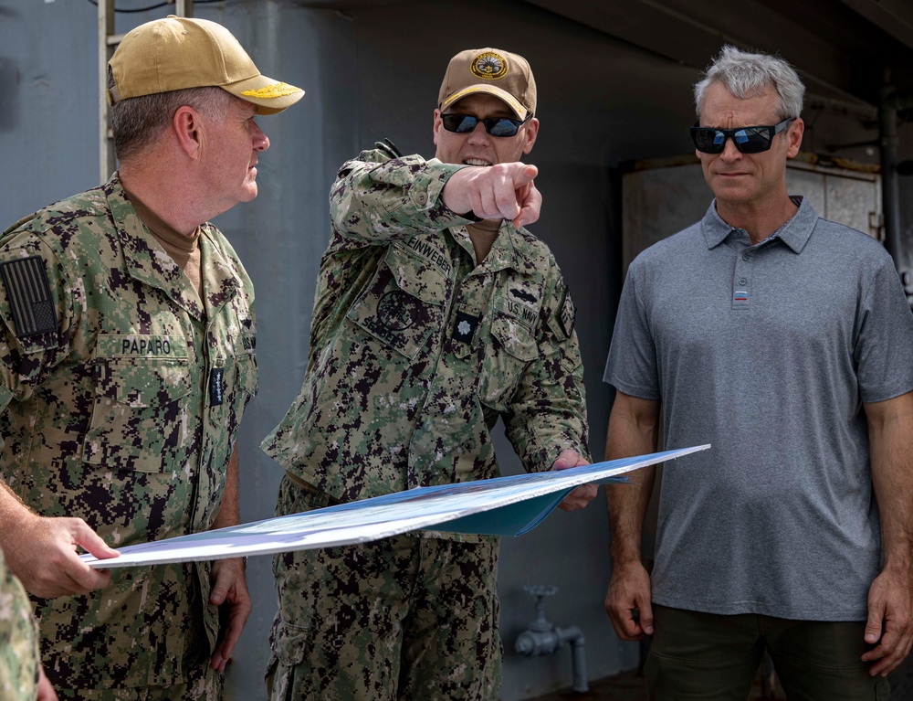 Adm. Samuel Paparo, commander, U.S. Pacific Fleet, visits the submarine tender USS Emory S. Land (AS 39).