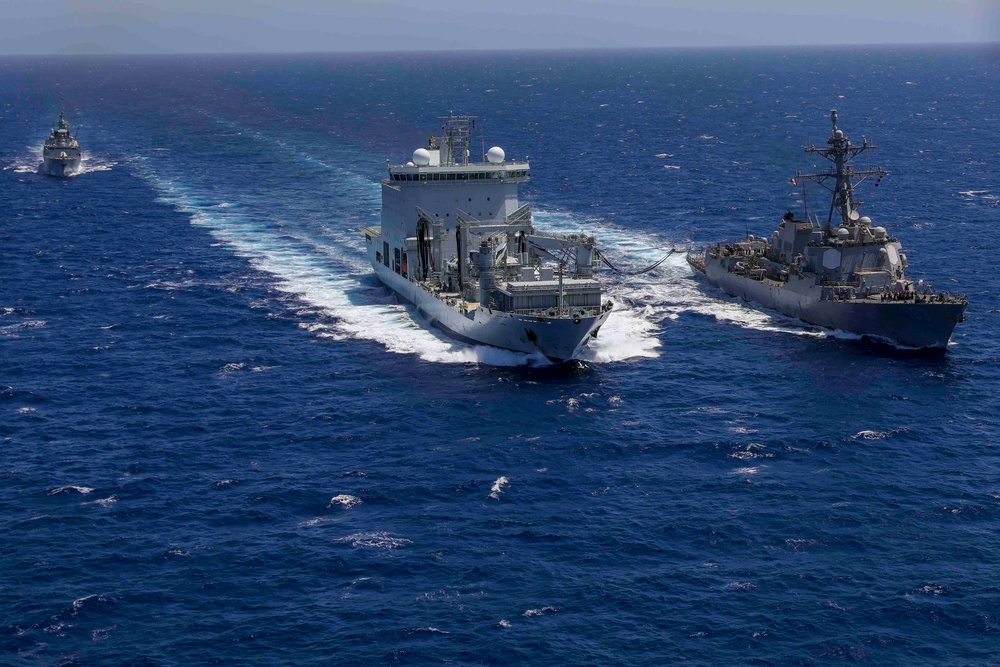 USS Truxtun Replenishment-at-Sea with MV Asterix and HMCS Montreal