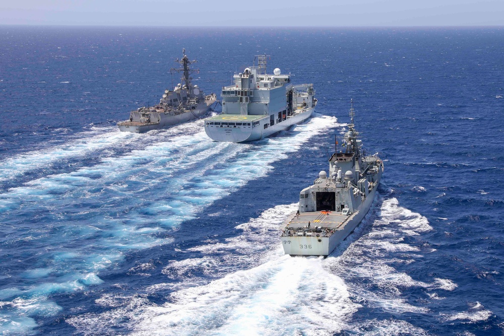 USS Truxtun Replenishment-at-Sea with MV Asterix and HMCS Montreal