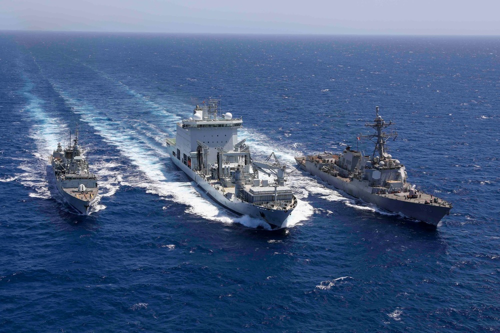 USS Truxtun Replenishment-at-Sea with MV Asterix and HMCS Montreal