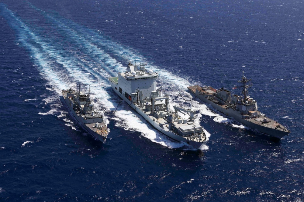 USS Truxtun Replenishment-at-Sea with MV Asterix and HMCS Montreal