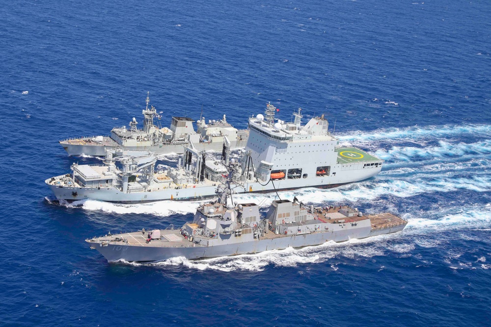 USS Truxtun Replenishment-at-Sea with MV Asterix and HMCS Montreal