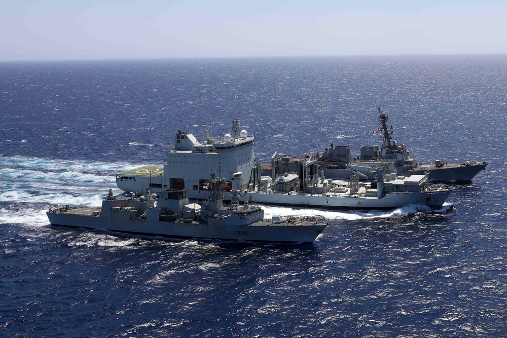 USS Truxtun Replenishment-at-Sea with MV Asterix and HMCS Montreal