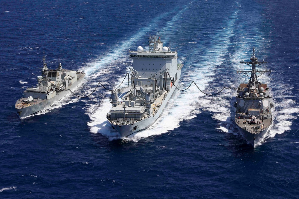 USS Truxtun Replenishment-at-Sea with MV Asterix and HMCS Montreal