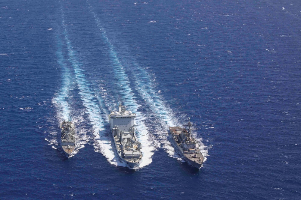 USS Truxtun Replenishment-at-Sea with MV Asterix and HMCS Montreal