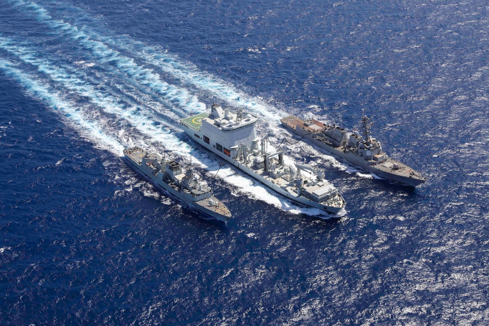 USS Truxtun Replenishment-at-Sea with MV Asterix and HMCS Montreal