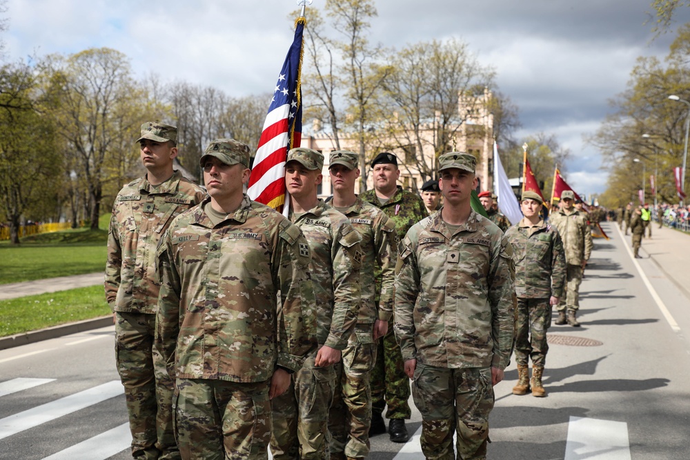 US Soldiers march in Latvian Restoration Independence Day Parade
