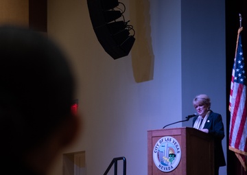 Las Vegas Mayor Caroline Goodman speaks to audience of community members and Nevada National Guard Soldiers during the National Day of Prayer event
