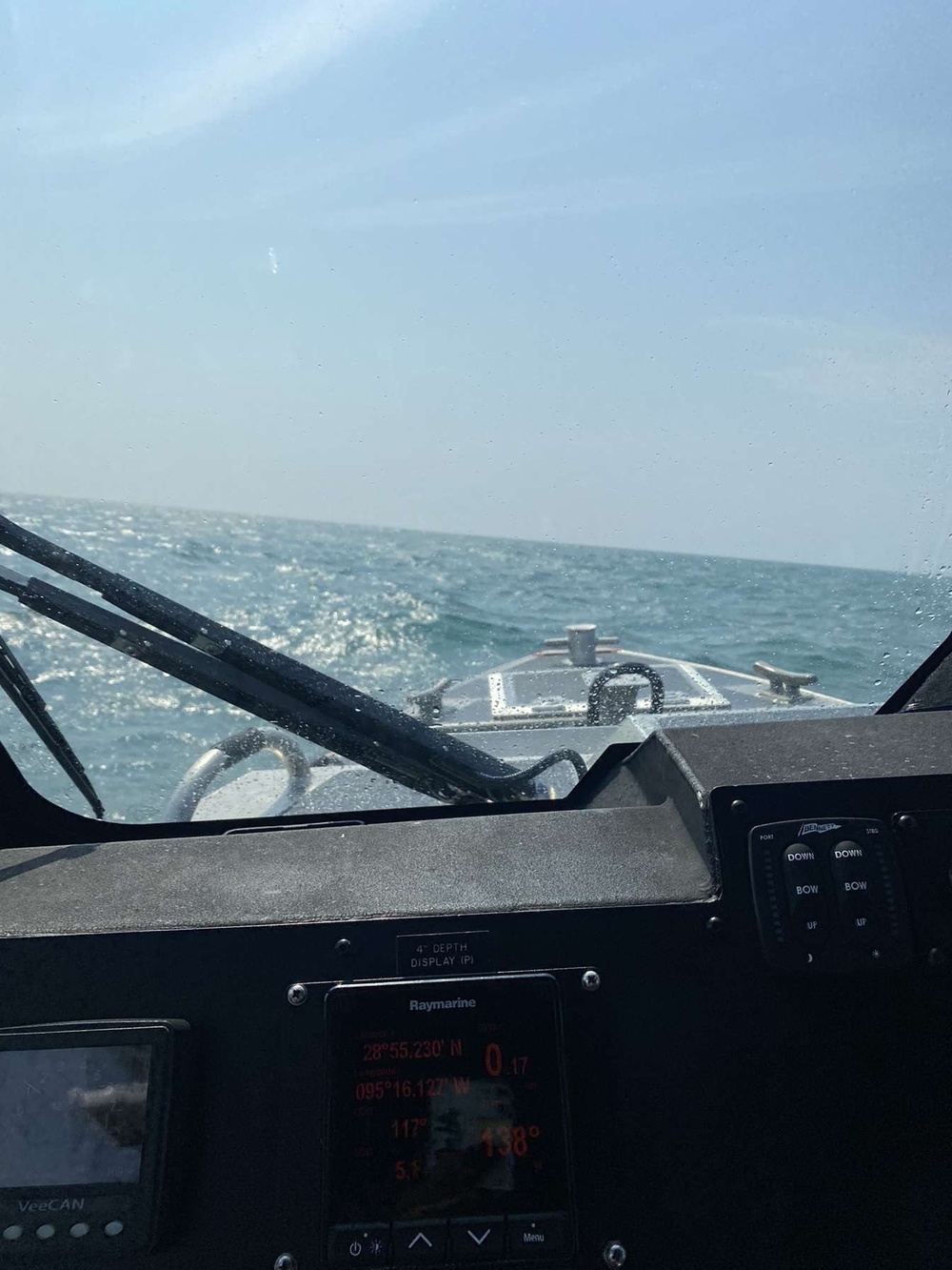 Pictured is the view from a Coast Guard Station Freeport 29-foot Response Boat–Small cockpit during a search for a missing swimmer on May 6, 2023 near Surfside Beach, Texas. Coast Guard Sector Houston-Galveston watchstanders issued an urgent marine information broadcast and launched search and rescue crews for the missing 19-year-old swimmer. (Courtesy photo)