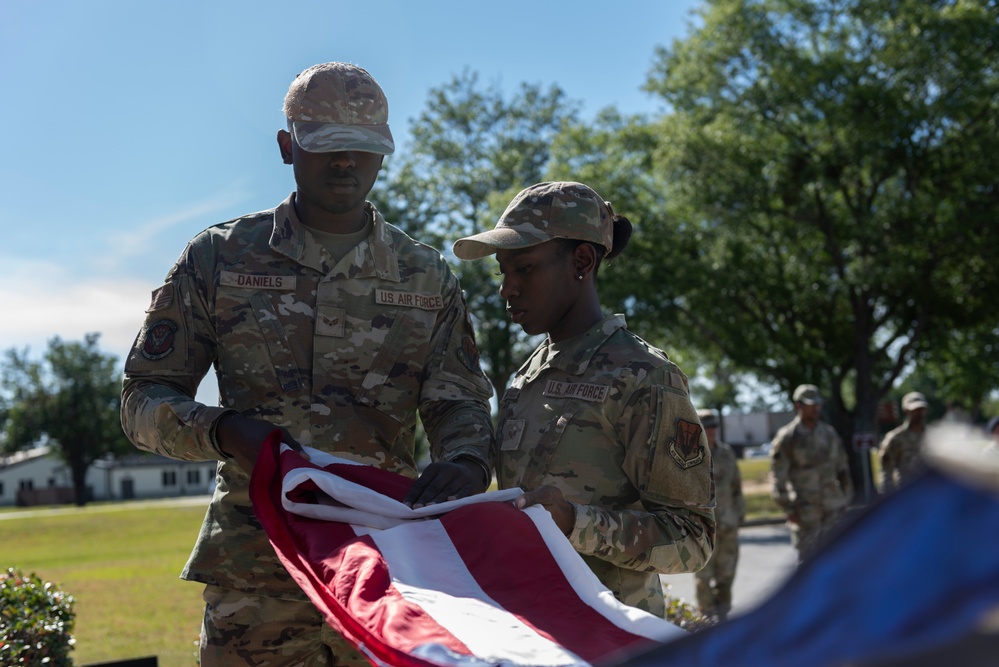 Staff Sgt. Felicia R. Rivers Airman Leadership School Class 23-D participate in retreat ceremony