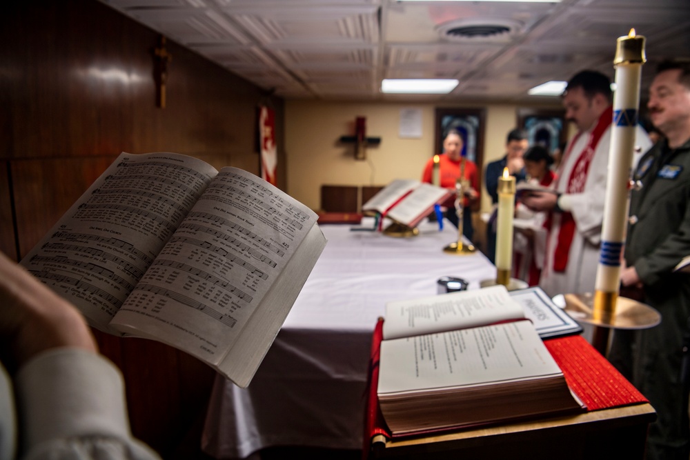 Sailors Participate In A Roman Catholic Church Service