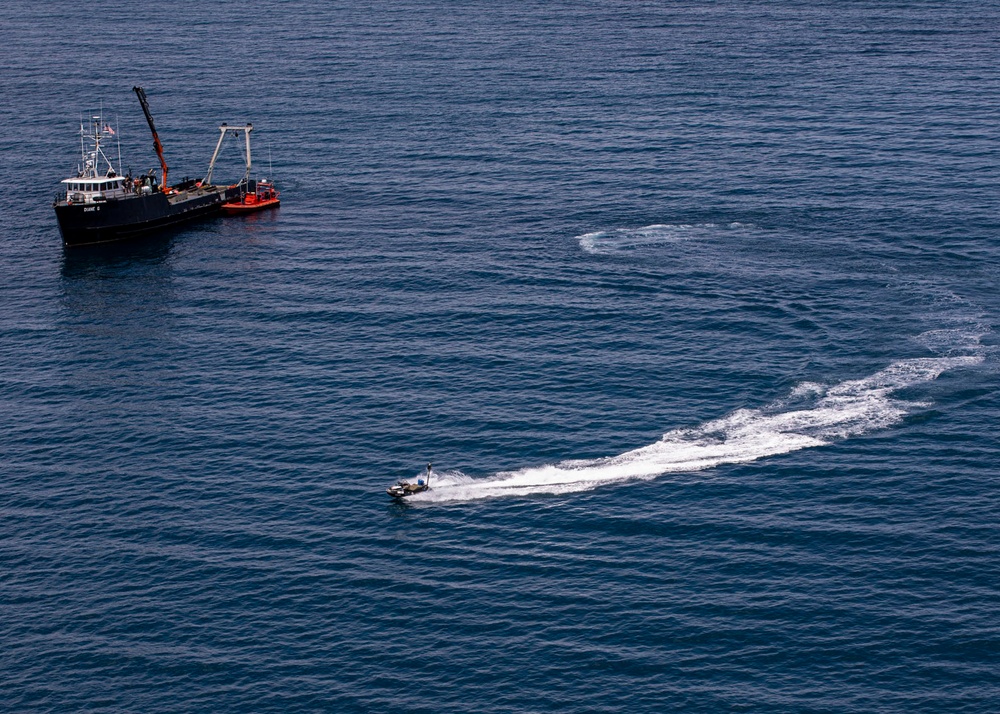 A ship deployable seaborne target transits off the coast of San Clemente Island