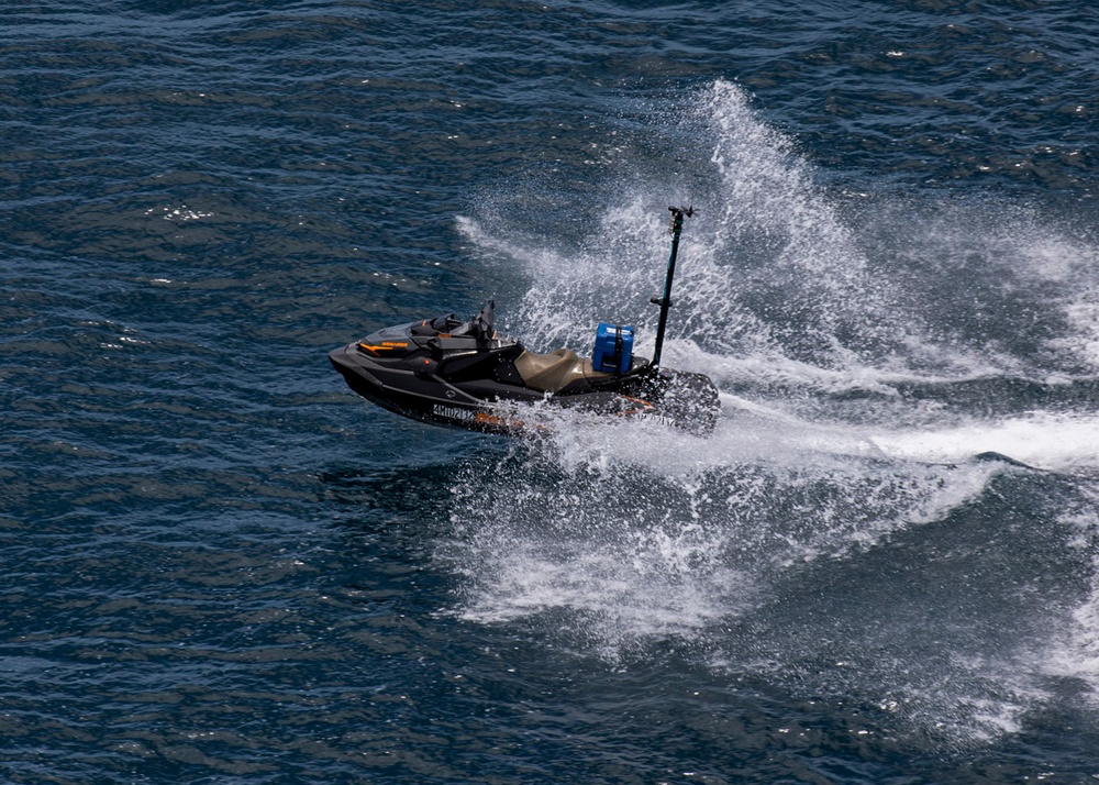 A ship deployable seaborne target transits off the coast of San Clemente Island