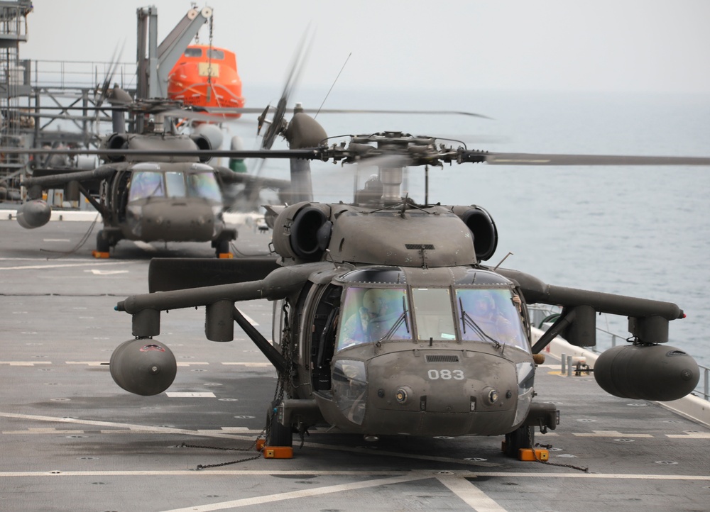 Task Force Mustang UH-60 Blackhawk and AH-64 Apache Flight Crews, land on the USS Lewis B. Puller