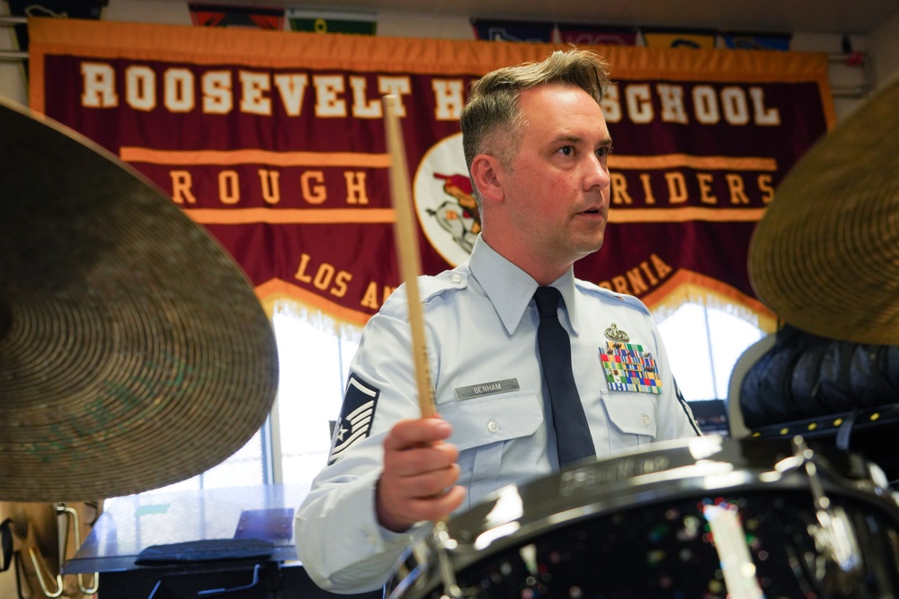 Rough Rider students watch the West Coast Jazz Ensemble of the Air Force perform Apr 27, 2023